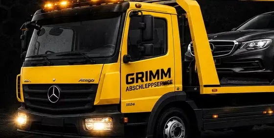 Illustration: gelber Abschleppwagen mit einem Pkw auf der Ladefläche
